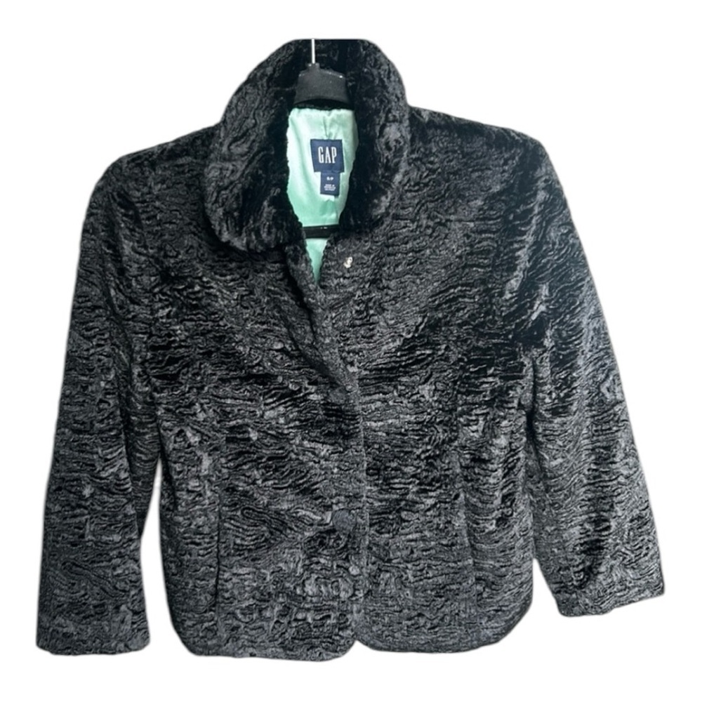 GAP Black Faux Persian Fur Blazer 3/4 Sleeves Jacket Teal Lining Women size S